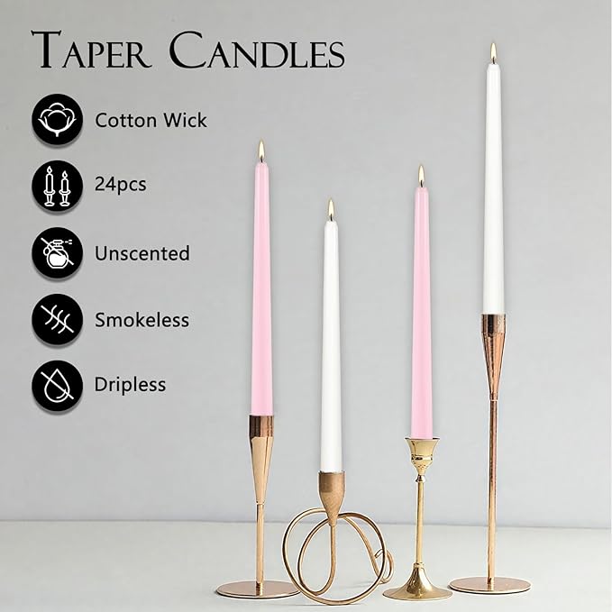 10-Inch Pink and White Taper Candles|24Pack Unscented, Smokeless,Hand-Poured CandleSticks,Perfect for Valentine’s Day, Weddings, Parties, Shabbat, Baby Shower, Birthday,Girls' Night,Home Décor