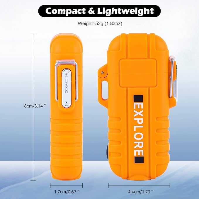 LcFun Arc Plasma Waterproof Lighter Electric Windproof Lighter USB Type C Rechargeable Flameless Cool Lighters with Flashlight for Camping, Survival,Outdoor Adventure, Tactical (Orange)