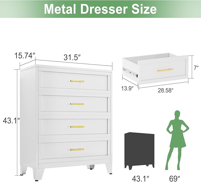 Ckzbx Metal Dresser Tall White Dresser for Bedroom Chest,43.11" H Drawer Chest, Closet Dressers & Chests of Drawers for Living Room, Hallway (4 Drawers)