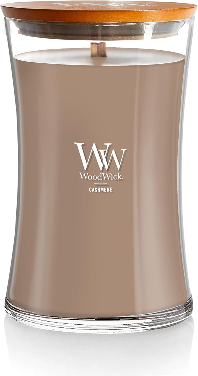 WoodWick Cashmere Holiday Candle Gifts for Women and Men, 21.5 oz Large Hourglass Candle with Crackling Wick