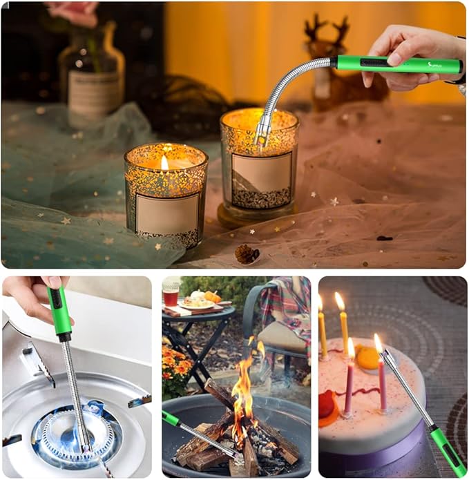 SUPRUS Fluorescent Lighter Glows in The Dark 360°Flexible Neck USB Rechargeable Windproof Triple Safety for Candle Cooking BBQ in Party (Green)
