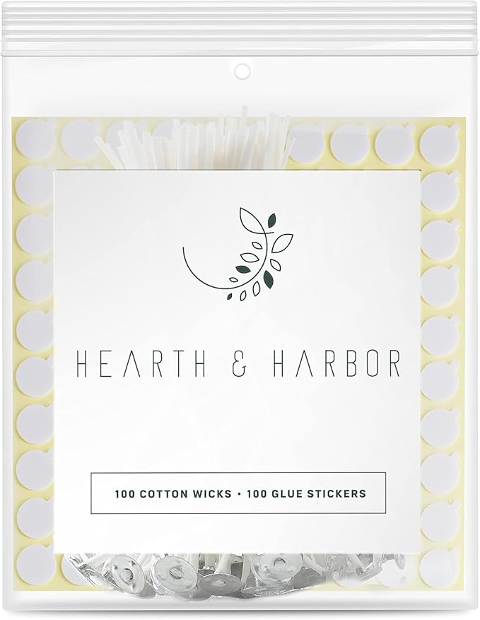 Hearth and Harbor 100 6-Inch Cotton Wicks + 100 Double-Sided Heat Resistant Candle Stickers - Wicks for Candle Making and Adhesive Candle Wick Stickers