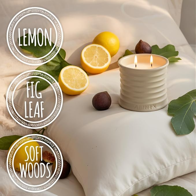 Annex Fig Leaf & Lemon Luxury Scented Candle - 8oz Handmade Beige Ceramic Jar Candle - 50hr Clean Burn, 100% Non-Toxic Soy Wax, Home Fragrance, Aesthetic Decor Gift for Men Women - Amber & Sandalwood