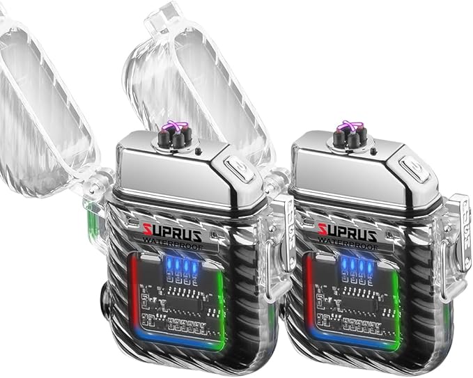 SUPRUS Waterproof Luminous Lighter of Flashlight Windproof Arc Electric Lighters Rechargeable Dual Arc Plasma (Black, 2Packs)