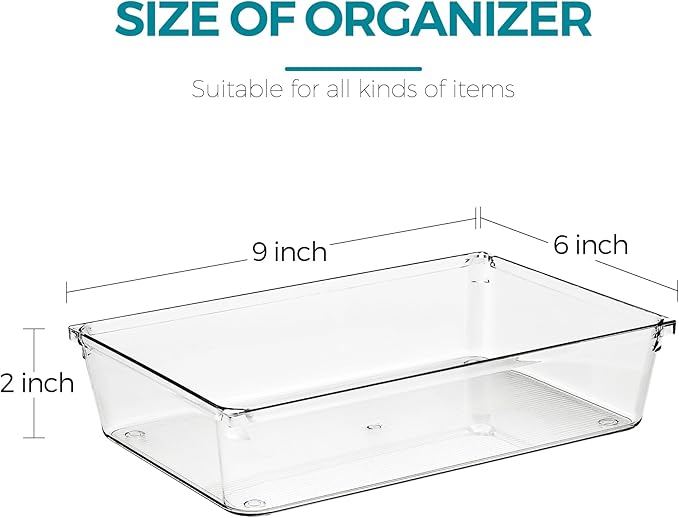 6 Pack Drawer Organizer - 6" X 9" Clear Acrylic Storage Bins with Non-Slip Pads, Versatile Desk Tray for Makeup, Jewelry, Kitchen, Bathroom, and Office Organization