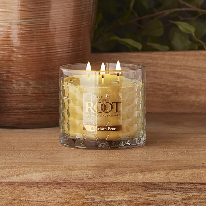 Root Candles Fall Scented Candles Honeycomb Glass Premium 3-Wick Handcrafted Beeswax Blend Candle, 12-Ounce, Bourbon Pear