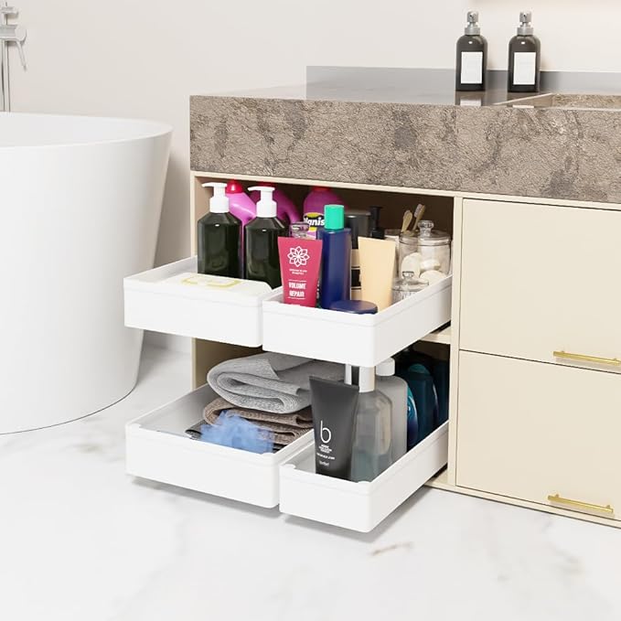 4 Pack Pull Out Cabinet Organizer, 15.8'' Deep Pull Out Drawers for Cabinets with Metal Slides, Slide Out Drawers for Kitchen Fixed with Nano Adhesive, Roll out Shelves for Bathroom, Pantry (White)