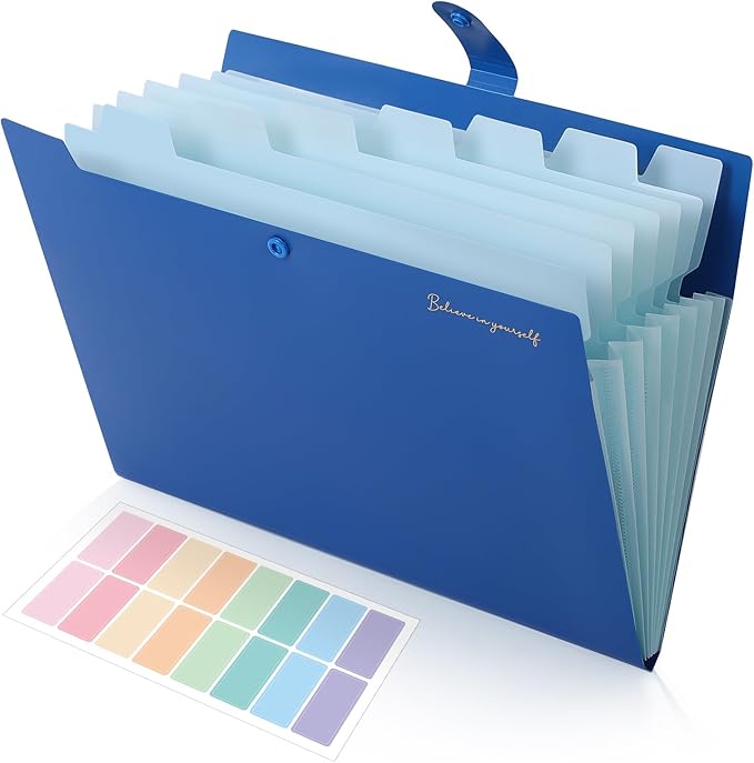 SKYDUE Expanding File Folder, Accordion File Organizer with 8 Pocket, Expandable Document Paper Receipt Holder for School Office Hospital, Letter/A4 Size Blue