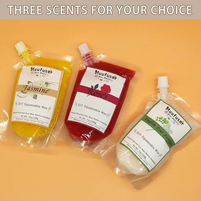 DIY Squeezable Soy Wax Candle,Handmade Eco-Friendly, Each 7 oz and 55 Hours Burn Time, 3 Luxurious Scents for Creative Home Decor & Gifts(English Pear & Freesia+Rose+Jasmine)