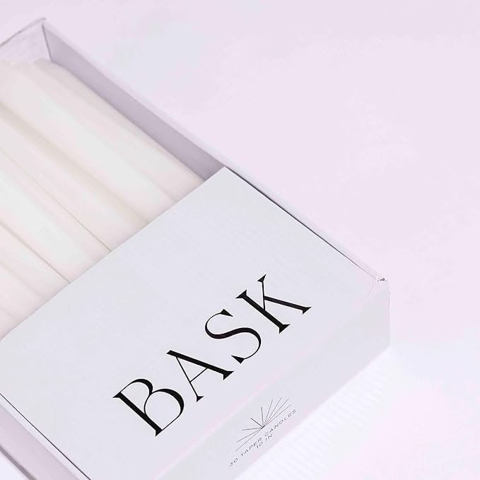 Bask 10-inch Taper Candles - Unscented and Dripless - Burns for 8 Hours - Home Decor for Dinner Table, Kitchen, and Bedroom - Perfect for a Romantic Date or Anniversary - 30-Pack - Ivory