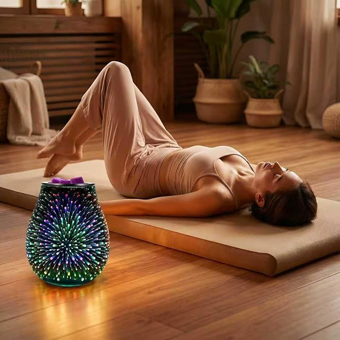 Inrorans Glass Electric Wax Melt Warmer Oil Burner with Stable Heating PTC Reusable Silicone Tray 7 Colorful Changing Led Light Night Light Scent Warmer for Home Fragrance Warmers-Fireworks Timer