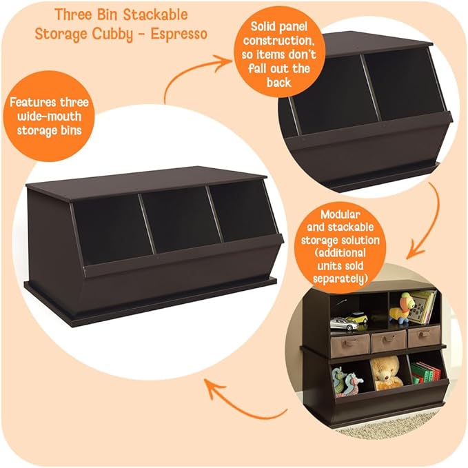 Badger Basket Stackable 3-Bin Storage Cubby - Modular Toy and Craft Organizer with Wide Mouth Bins, Expandable Design, Solid Panel Construction - Compatible with Other Units - Espresso