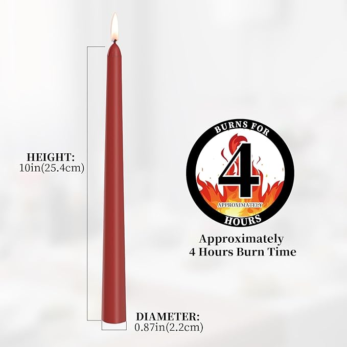 KONNI 0.87×10 Inch Dark Red Taper Candles, Unscented and Smokeless Tall Candlesticks, 10 Pack Tapered Candles with Cotton Wicks, Long Burning, Ideal for Weddings, Dinner Parties, and Home Décor