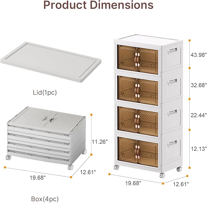 UAMFURI Stackable Storage Bins with Lids, 192QT Closet Organizers, Lockable Storage Cabinet，Foldable Storage Box with Doors and Wheels, Plastic Drawers for Home, Garage, Office (4, White, Medium)