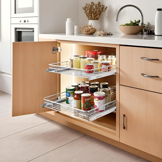 JOWBOOW Pull Out Cabinet Organizer (22.7" W x 21" D), Slide Out Shelves for Kitchen Cabinets, Pull Out Drawers Heavy-Duty Metal Rolling Shelf, Chrome Finish