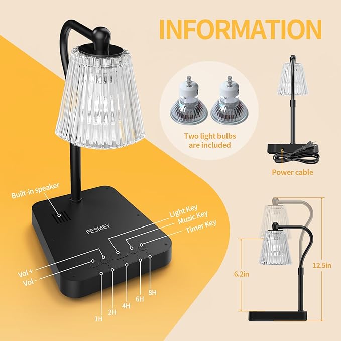 Dimmable Candle Warmer Lamp with Timer, 2-in-1 Adjustable Candle Lamp Warmer Light Sound, Touch Control Lamp Candle Warmer Light for Jar Candles
