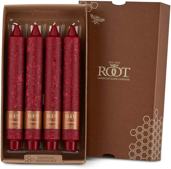 Root Candles Unscented Dinner Candles Premium Beeswax Blend Boxed Candle Set, 9-Inch, Garnet, 4-Count
