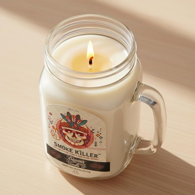 Smoke Killer Candle – Odor Eliminating, Strong Scent – Clean Fresh Scent with Light Floral Notes – Long Lasting 90 Hour Burn – Large 12oz Mason Jar – Made in USA – Beamer Candle Co.