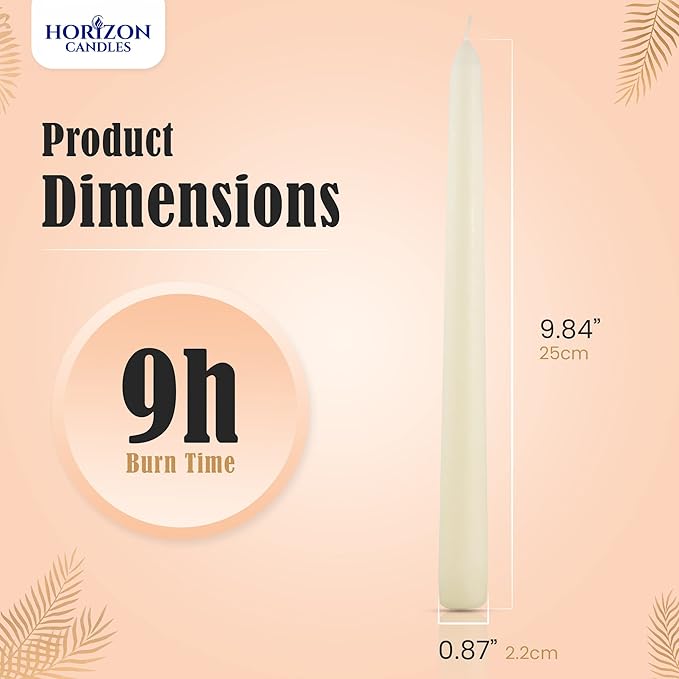 Horizon Unscented 10-Piece Taper Candle Set – 9 Hours Burning Time Smokeless & Dripless Candles for Centerpieces at Wedding, Holiday Dinners, Festive Parties and Home Decor - Cream
