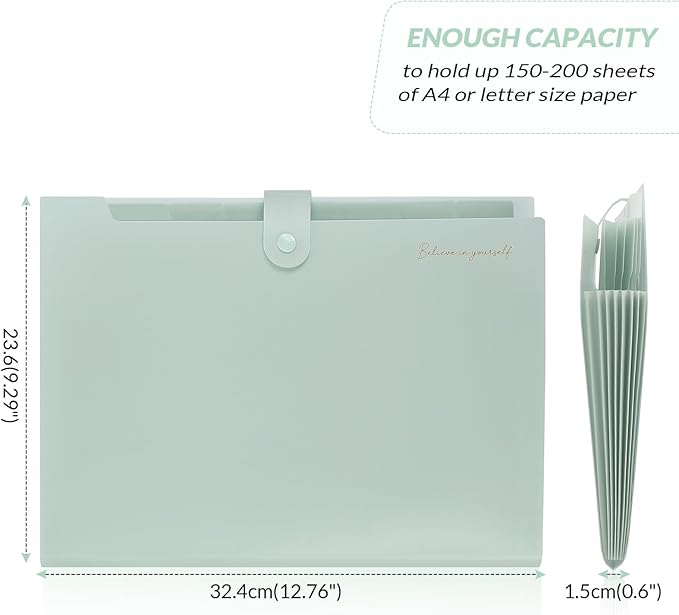 SKYDUE Expanding File Folder, Accordion File Organizer with 8 Pocket, Expandable Document Paper Receipt Holder for School Office Hospital, Letter/A4 Size Light Green