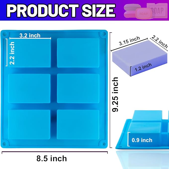 Lerykin LERYKIN 2 Pack Silicone Soap Molds, 6 Cavities Rectangle Silicone Soap Molds, Great for Homemade Craft Soap Mold, Chocolate Mold, Cake Mold & Ice Cube Tray - Just Pop Out(Blue)