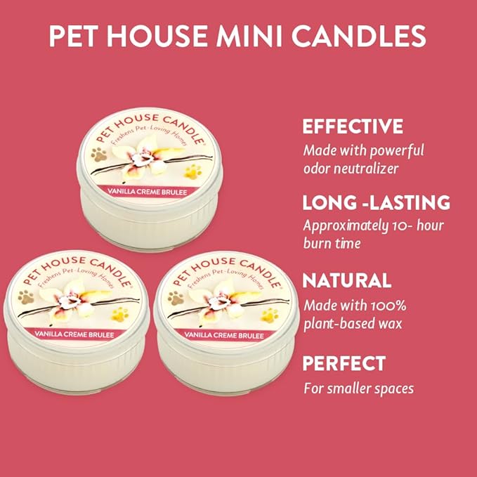 Pet House Mini Candles for Pet Odor Made with Natural Soy Wax, Plant Based, Dog and Cat Friendly Scented Candles, Vanilla Creme Brulee Pack of 3