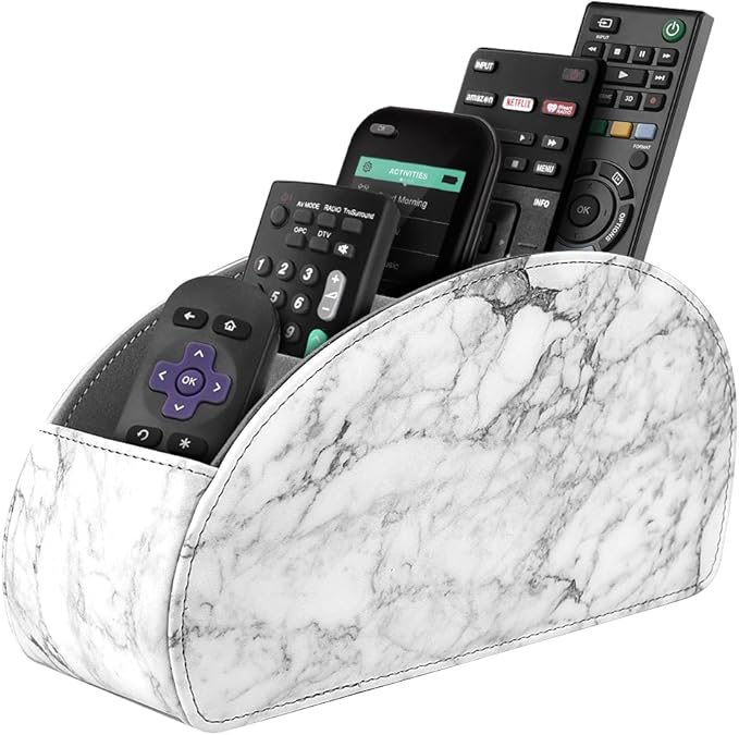 SITHON Remote Control Holder with 5 Compartments - PU Leather Remote Caddy Desktop Organizer Store TV, DVD, Blu-Ray, Media Player, Heater Controllers, Marble