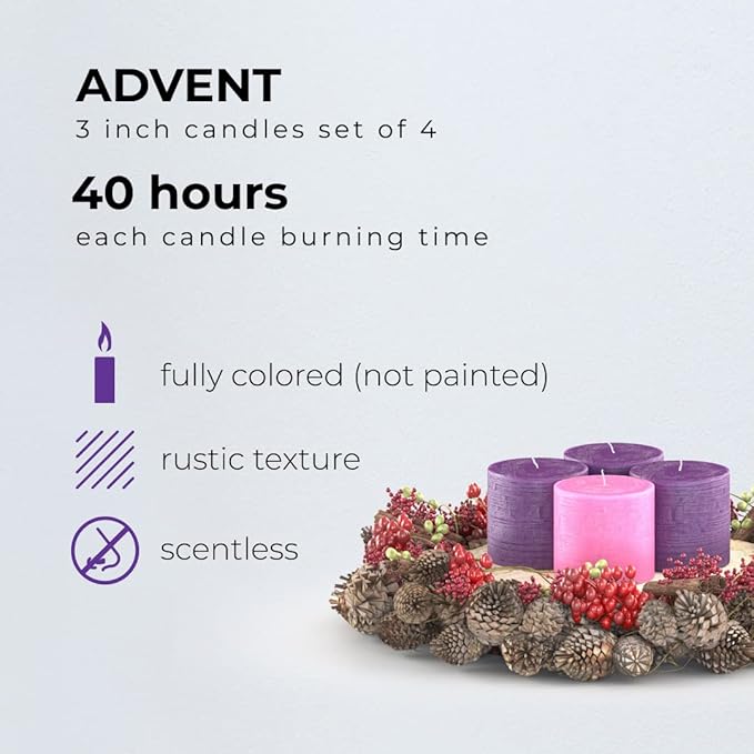 CANDWAX 3x3 Inch Advent Pillar Candles Set of 4 - Long Burning Dripless Unscented Pillar Candles - Rustic Style for Advent Wreaths, Christmas Décor - 3 Purple and 1 Pink Pillars