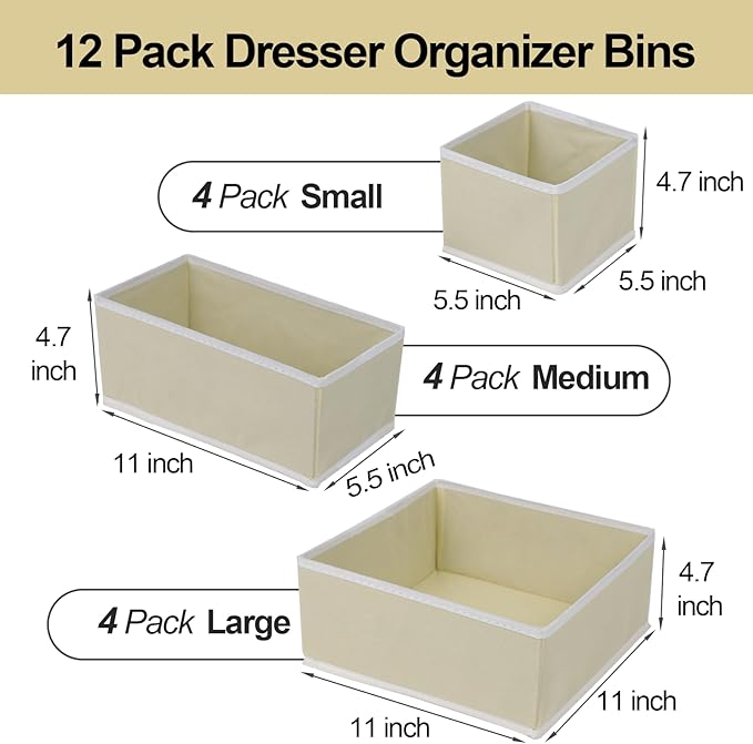 Fordonral Drawer Organizer Clothes, Foldable Fabric Dresser Organizer Closet Organizers and Storage Box for Underwear,Folded Clothes,Baby Clothing,Socks,Bra,Towels,Ties(12 Pack,Yellow)
