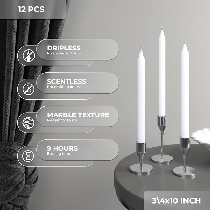 CANDWAX White Taper Candles Pack of 12 - Slow Burning Dripless Unscented Straight Candles 10 inch - Ideal for Dinner Table - Smokeless Long Candlesticks