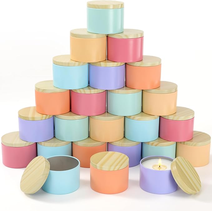 Honeydak 36 Pcs 8oz Candle Jars Bulk Multicolored Candle Tins Small Empty Containers with Metal Wood Grain Printing Lids for Making DIY Jars Storage Valentine's Day Wedding Gifts