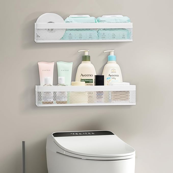 Wetheny Hanging Wall Mount Storage Baskets with Adhesive Hooks & Screwing, Metal Wire Organizer Baskets for Home Decor, Kitchen, Bathroom, Pantry, Laundry, Closet, Garage, RV Black 2 Packs (White)