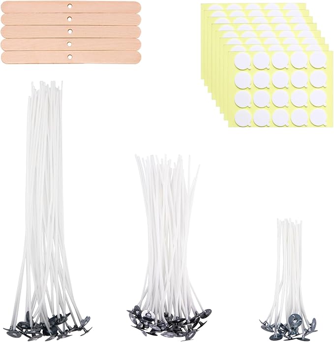 80 Pcs 4/6/8 inch Pre Waxed Candle Wick with 80 pcs Wick Stickers and 10Pcs Candle Wick Holders, Bulk Cotton Candle Wicks for Candle Making, Soy Wax