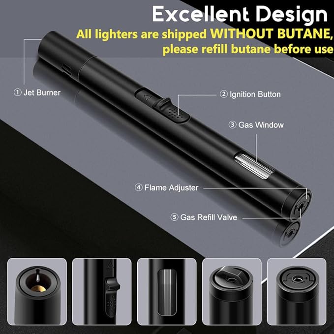 LcFun 2 Pack Torch Lighters Refillable Butane Lighter with Visible Fuel Window, Windproof Adjustable Jet Flame Long Lighters Matches for Candle, Grill, BBQ, Camping, Fireworks (Butane NOT Included)