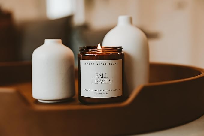 Sweet Water Decor Fall Candles for Home Scented - Hand Poured Soy Wax Autumn Candle with Apple & Cinnamon Scent - 40 Hour Burn Time Long Lasting Fall Candles Soy - Amber Glass Jar for Candle Decor