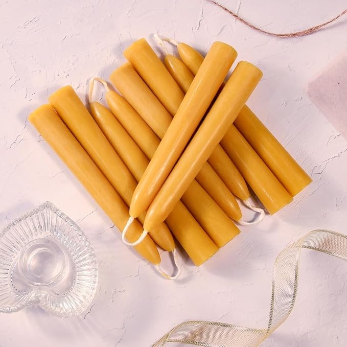 6'' Natural Beeswax Taper Candles Set of 12, DEYBBY Smokeless and Dripless Beeswax Candles, 4-5Hrs Burn Time, Nontoxic