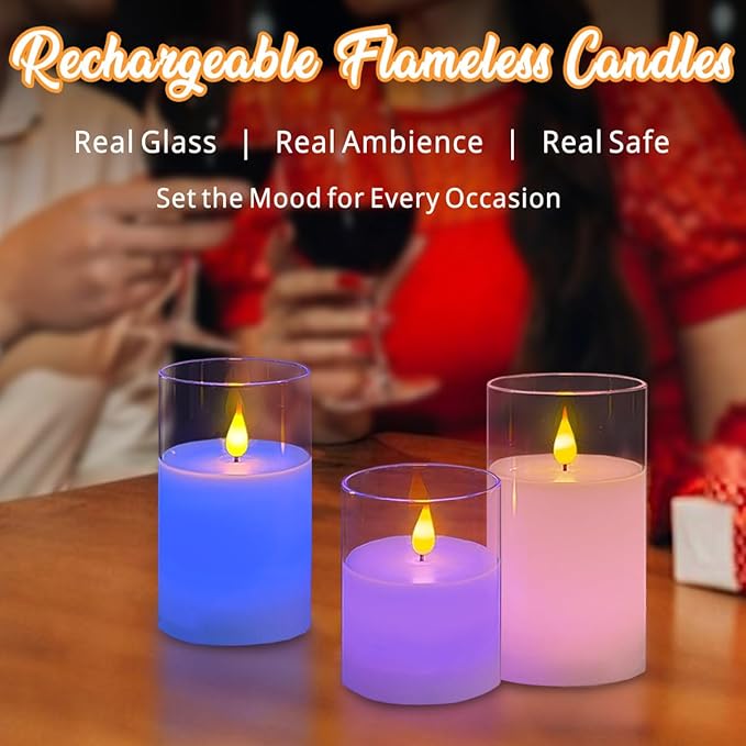 Rechargeable RGB Flameless Candles, Clear Glass LED Pillar Candle with Remote & Timer, Set of 3 — Color-Changing Decorative Candles for Living Room, Bedroom, Holiday Décor & Gifts for Women