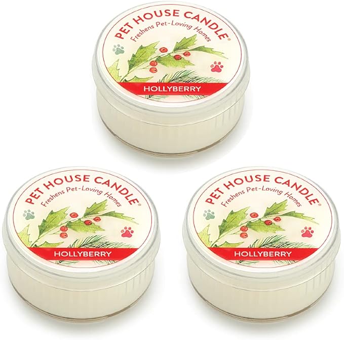 Pet House Mini Candles for Pet Odor Made with Natural Soy Wax, Plant Based, Dog and Cat Friendly Scented Candles, Hollyberry Pack of 3