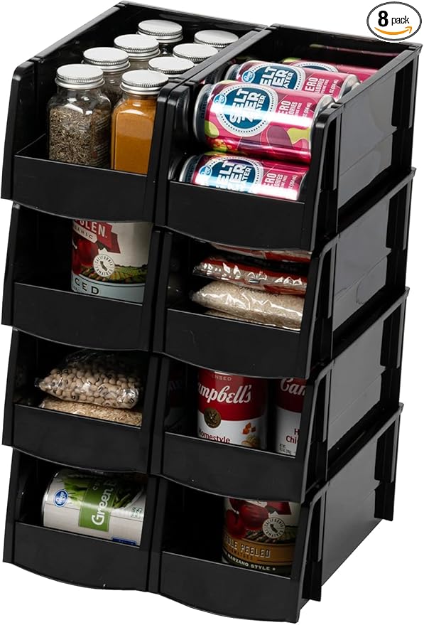 IRIS USA Medium Stackable Storage Bins, 8-Pack, 11" L x 6" W x 5" H, |Made in USA|, Plastic Open Front Shelf Bin for Organizing Parts, Hardware, Tools, Supplies, Garage Shelf, Pantry - Black