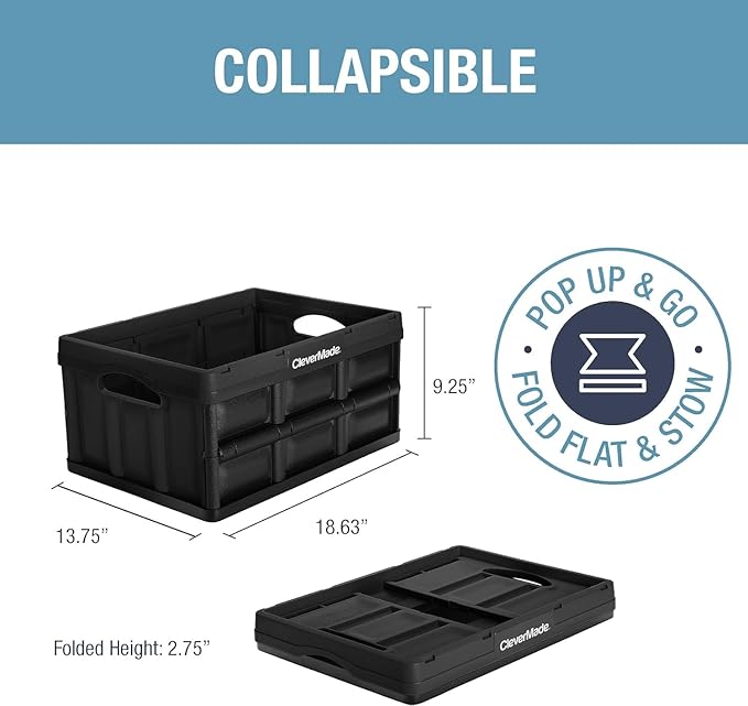 CleverMade Collapsible Storage Bins 32L 3 Pack – Heavy Duty Foldable Storage Bins with Built-In Handles for Garage Storage and Home Organization - Obsidian