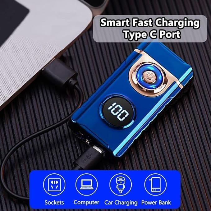 Electric Lighters Plasma Lighters Rechargeable with with LED LED Display and LED Emergency Lights Windproof USB Rechargeable Lighter Cool Lighte for Candle,Camping,Gift(Blue)