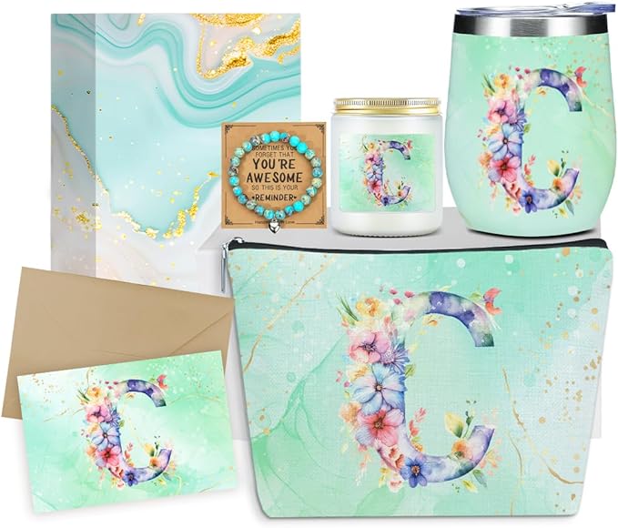 Personalized Gifts Monogrammed Birthday Gifts for Women, Cowerker Bride Wife Sister Wedding Christmas Initial Wine Tumbler Makeup Bag Scented Candle Bracelet Set, (Aesthetic Green Flower C)