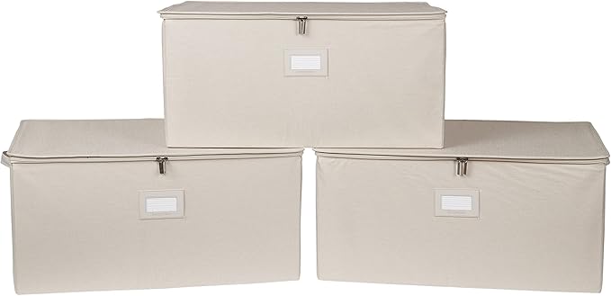 Covermates Keepsakes Zip-Top Storage Box Set, 3 Pack Heavy Duty Polyester Organizer Bins, Stackable Design, ID Window, Reinforced Handles, Closet Home Storage, Beige Heather