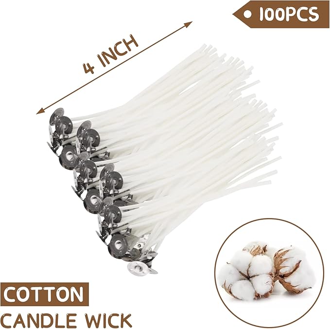 JEAWIWI Candle Wick 4 in 100 Pcs with 100 Pcs Wick Stickers and 10 Pcs Candle Wick Holders, Cotton Candle Wicks for Candle Making for Soy Wax, Beeswax, Coconut Wax
