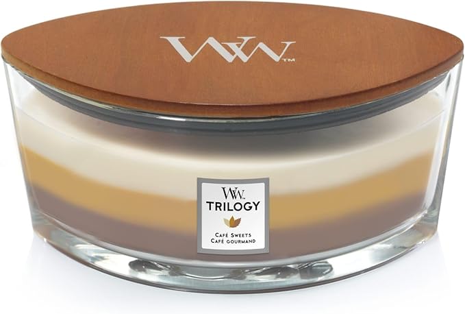 WoodWick Café Sweets Trilogy Holiday Candle Gifts for Women and Men, 16 oz Ellipse Trilogy Candle with Crackling Wick