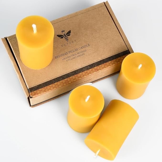 DEYBBY Natural Beeswax Pillar Candle 2x3 inch Set of 4, Dripless Smokeless Pure Beeswax Candle with Natural Scent for Prayer Home Relaxation,80 Hours Burning in Total,Yellow Raw