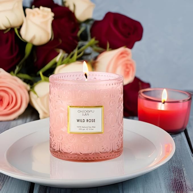 Chloefu LAN Wild Rose Candle, Mother Day Candles Gifts for Women, Luxury Jar Candle for Home Scented, Natural Soy Wax, Pink Candles for Home Scented, 55 Hours Long Burning, 8.1 oz