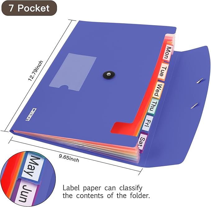 7 Pocket Accordian File Folders, Expanding File Folder A4 Letter Size Paper Portable Document Organizer-Blue Purple