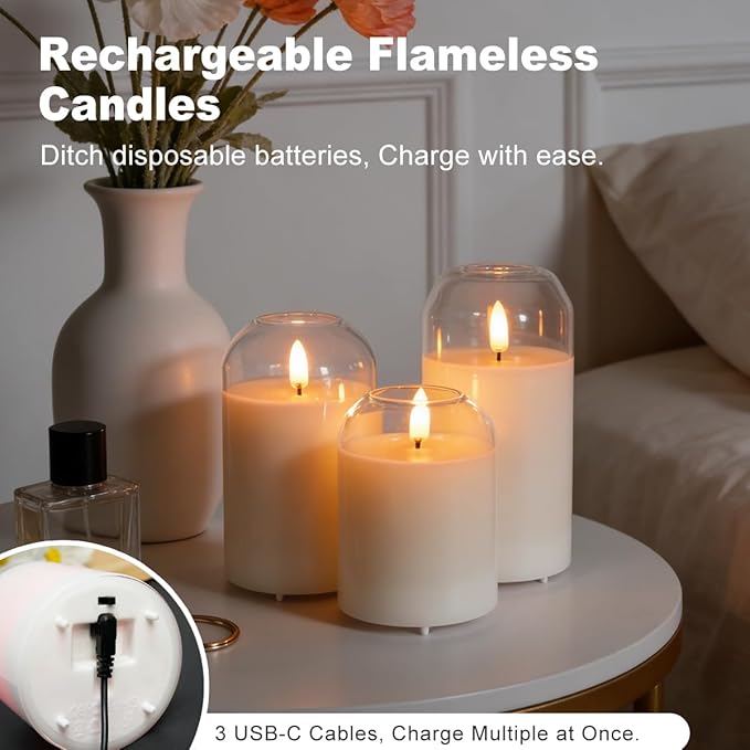 Rechargeable Glass Jar Flameless Candles, Realistic Flickering LED Pillar Real Wax Candle with Remote Control and Timer, Ideal for Living Room, Bedroom & Easter Home Décor, 1 Set of 3