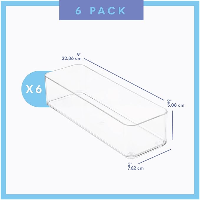 primebox Plastic Clear Drawer Organizers. Bathroom, Kitchen, Bedroom, Jewelry, Office Organizer Bins, Storage Trays. Heavy Duty, Stackable. 9" x 3" x 2" Set of 6